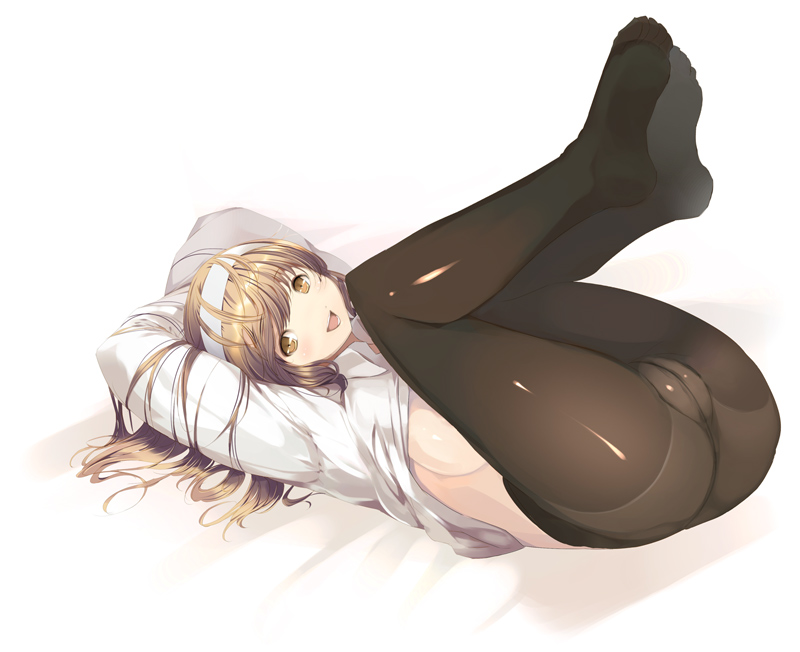 ass bad_id bad_pixiv_id breasts brown_eyes brown_hair crotch_seam dress_shirt feet hairband hanpen legs_up long_hair lying no_pants on_back open_clothes open_shirt original panties panties_under_pantyhose pantyhose shirt sideboob small_breasts smile soles solo toes trefoil underwear