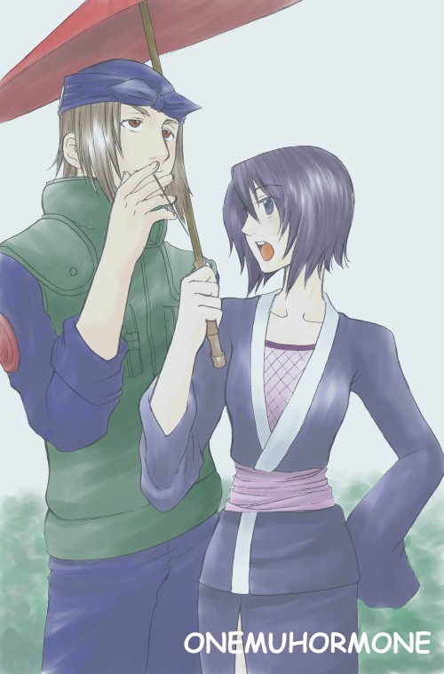 brown_eyes brown_hair hand_on_hip hips japanese_clothes naruto onemu_hormone open_mouth purple_eyes purple_hair shiranui_genma shizune_(naruto) short_hair traditional_art traditional_media umbrella