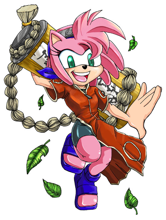 amy_rose cosplay female forehead_protector green_eyes hairband haruno_sakura hedgehog kandlin leaves naruto pink sandals solo sonic_(series)