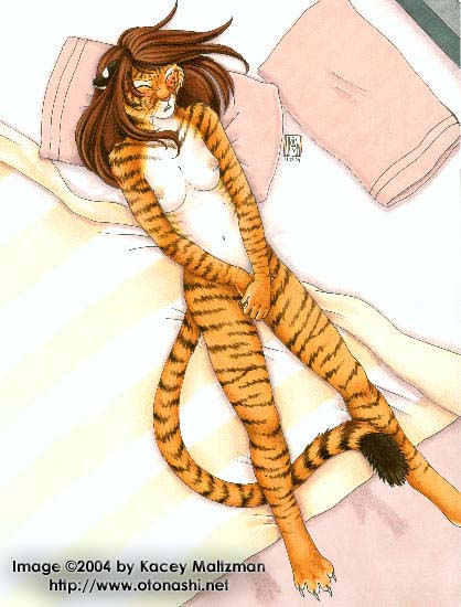 bed blush brown_hair eyes_closed feline female fingering hair kacey masturbation nude on_back pillow solo tiger