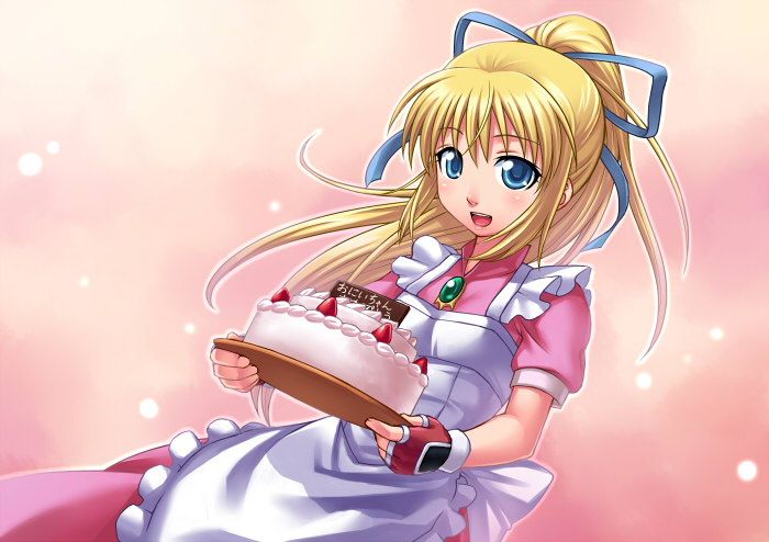 apron blonde_hair blue_eyes blush cake food hair_ribbon lilith_aileron ono_misao pink_background ribbon tales_of_(series) tales_of_destiny