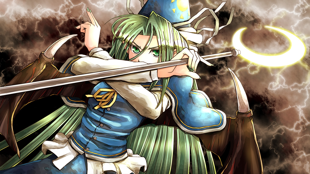 arioto blue_capelet capelet demon_wings fighting_stance glowing green_hair hat long_hair mima nail_polish solo staff touhou touhou_(pc-98) weapon wings wizard_hat