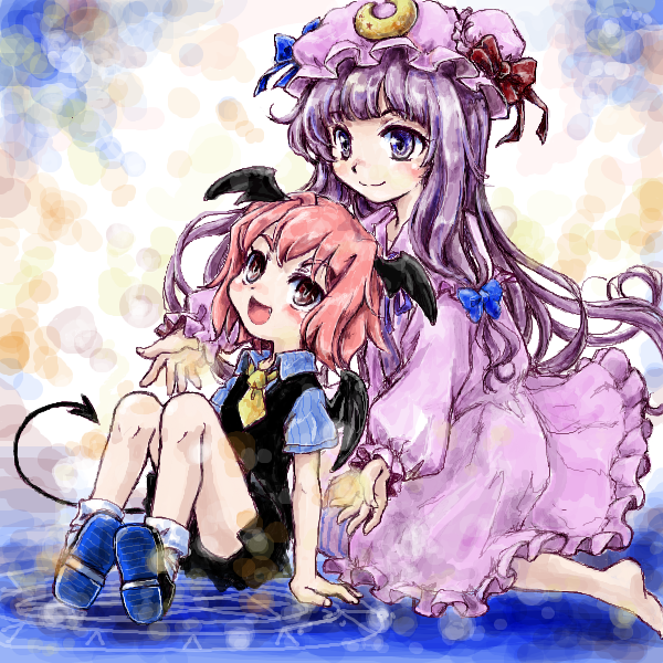 barefoot bat_wings blush bobby_socks bow child crescent demon_tail dress dress_shirt hair_bow hat hat_ribbon head_wings kneeling knees_up koakuma long_hair long_sleeves magic_circle multicolored multicolored_background multiple_girls nanashii_(soregasisan) necktie open_mouth patchouli_knowledge puffy_sleeves purple_dress purple_eyes purple_hair red_eyes red_hair ribbon shirt short_hair short_sleeves sitting skirt smile socks tail touhou vest wings