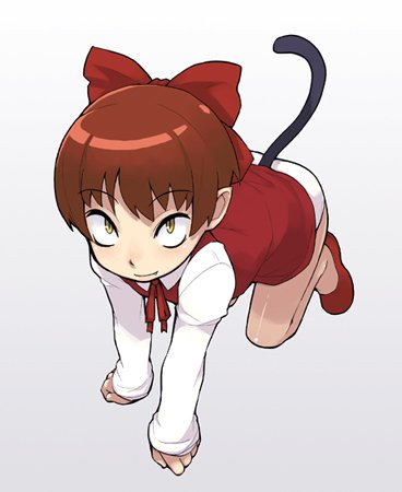 all_fours ass bow brown_hair cat_tail dress gegege_no_kitarou hair_bow hair_ribbon lowres nekomusume nekomusume_(gegege_no_kitarou_5) panties pointy_ears red_hair ribbon short_hair slit_pupils solo tail underwear white_panties xyz yellow_eyes