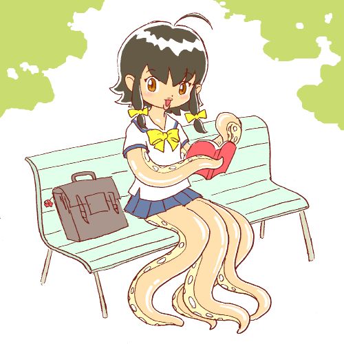 bench book female looking_at_viewer octopus park pukao ribbons schoolgirl solo