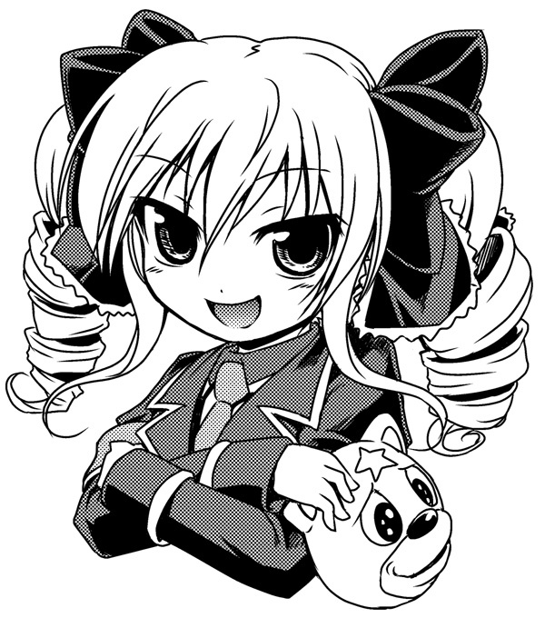 :d akazawa_red akechi_kokoro bad_id bad_pixiv_id bangs bear blazer blush bow breasts crossed_arms drill_hair greyscale hair_between_eyes hair_bow halftone holding jacket lace long_hair looking_at_viewer monochrome necktie open_mouth school_uniform sidelocks simple_background sleeve_cuffs small_breasts smile solo star tantei_opera_milky_holmes twin_drills twintails upper_body