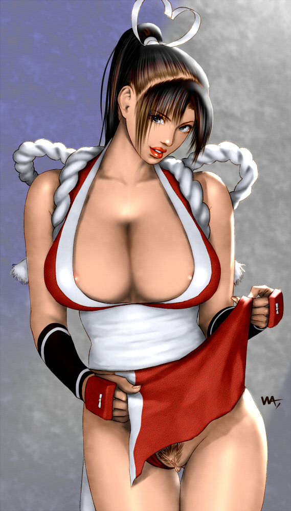 areolae breasts brown_eyes brown_hair cleavage fatal_fury huge_breasts nipples panties panties_aside pelvic_curtain ponytail pubic_hair pussy shiranui_mai skirt skirt_lift solo the_king_of_fighters uncensored underwear wakino_keibun