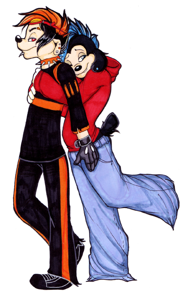 black blue_hair bonaparte canine clothed collar couple cujo ear_piercing gay gloves goggles goof_troop hair holding holly_massey hoodie hug jumper lip_piercing male max_goof orange_hair pants piercing shirt shoes short_hair spiked_collar standing white_background