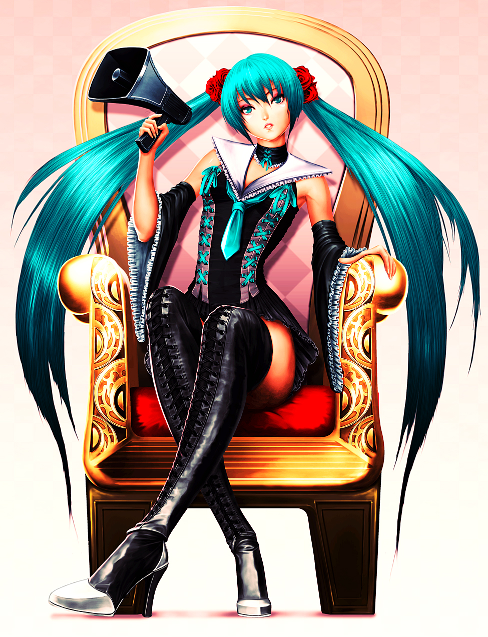 alternate_costume aqua_eyes aqua_hair boots cross-laced_footwear detached_sleeves hatsune_miku high_heels highres long_hair megaphone seppy shoes sitting solo thigh_boots thighhighs throne twintails vocaloid