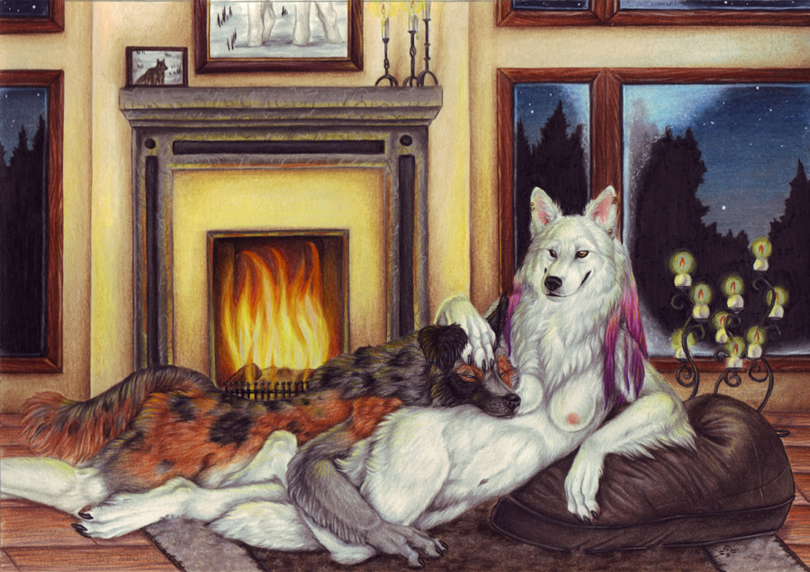 bloodhound_omega breasts candles canine dog ear_piercing earring eyes_closed female fire fireplace male nude piercing straight