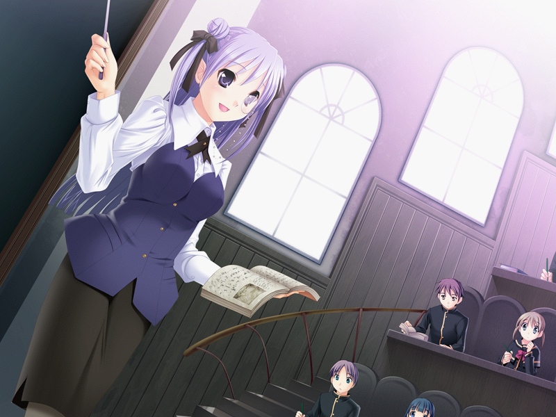 book classroom double_bun formal glasses greensvale_no_mori_no_naka hair_buns hair_ribbon hair_ribbons long_hair open_mouth purple_eyes purple_hair ribbon skirt smile suit teacher