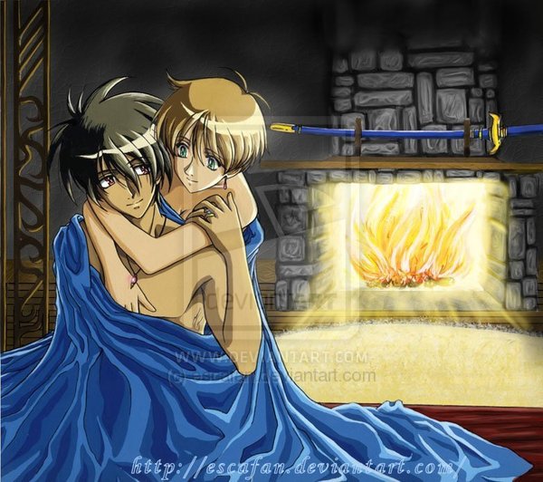 aftersex bare_shoulders bed bed_sheet black_hair breasts brown_hair cleavage couple covering earrings fire fireplace green_eyes hug hug_from_behind jewelry kanzaki_hitomi kiss kissing looking_back love nude ornament pendant red_eyes ring room short_hair sitting smile swordtagme tenkuu_no_escaflowne under_covers van_fanel weapon