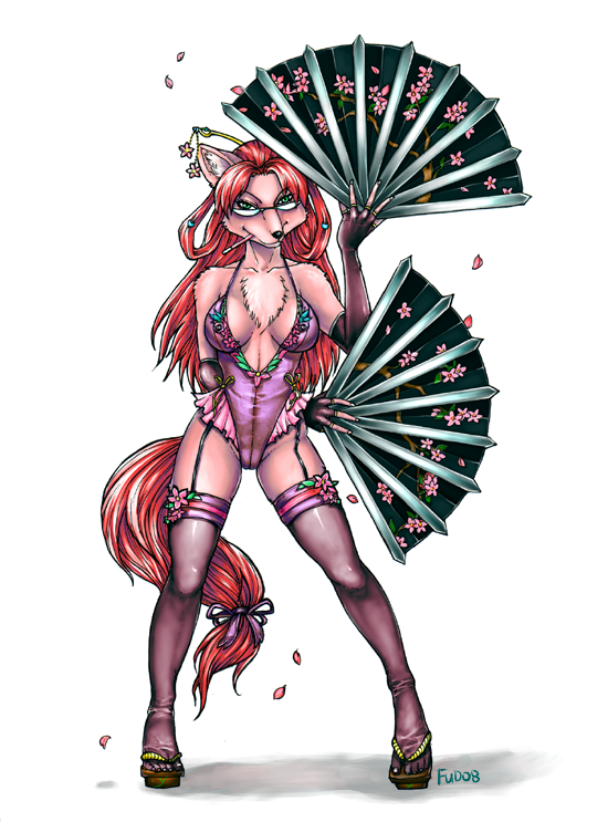 canine chest_tuft cleavage fan female fox fudchan glasses iron_fans lingerie red_hair smoking stockings