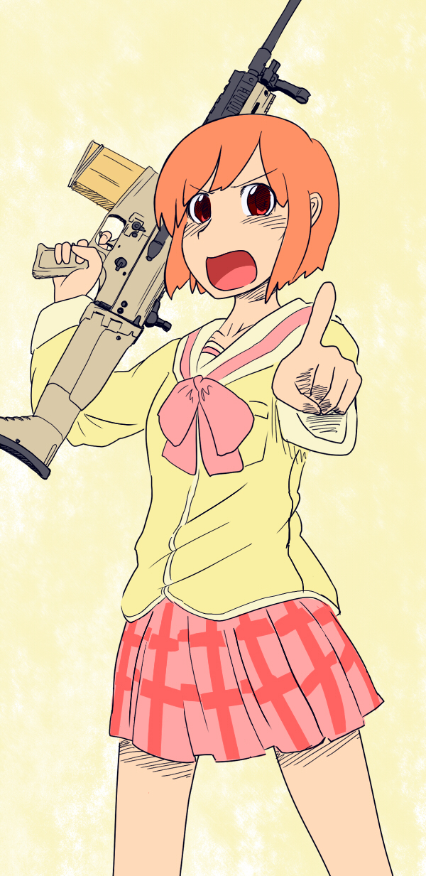 assault_rifle fn_scar gun highres md5_mismatch nichijou rifle school_uniform serafuku solo tachibana_misato tokisadame_school_uniform weapon