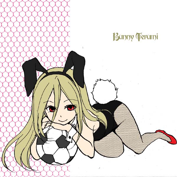 1boy afuro_terumi animal_ears blonde_hair bunny_ears bunny_tail bunnysuit crossdress crossdressing english fishnets full_body high_heels inazuma_eleven inazuma_eleven_(series) long_hair lying male_focus new_year pantyhose red_eyes shoes smile soccer solo tail trap