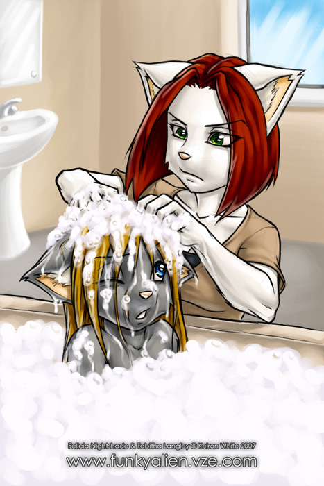 bath bathroom blonde_hair blue_eyes bubbles cat felicia_nightshade feline female green_eyes hair keiron_white one_eye_closed red_hair shampoo unimpressed