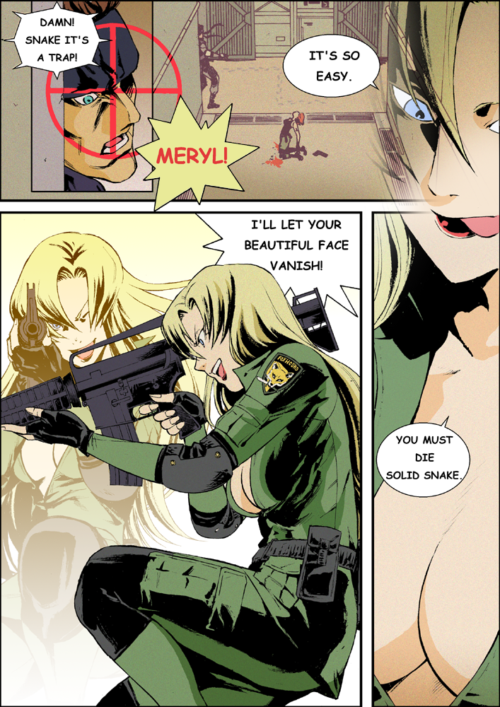 2girls blonde_hair blood blue_eyes bouzu_atama breasts cleavage english gun haou_airen hiding long_hair medium_breasts meme meryl_silverburgh metal_gear_(series) metal_gear_solid military military_uniform multiple_girls one_eye_closed open_clothes parody poorly_translated reverse_translation rifle sniper sniper_wolf solid_snake tongue uniform weapon you're_doing_it_wrong