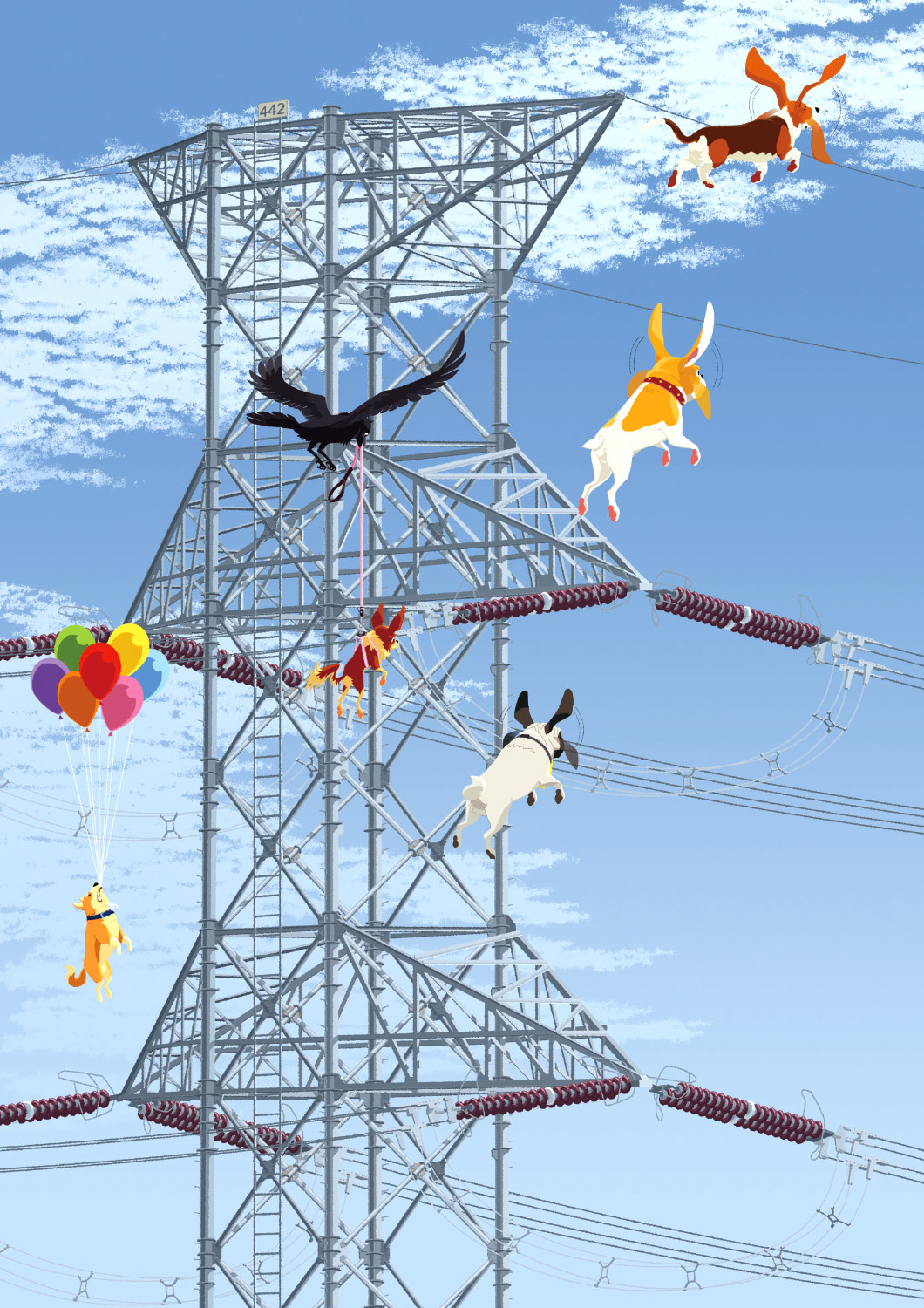 avian balloon bird canine crow displacement dog flying power_lines tresbien what