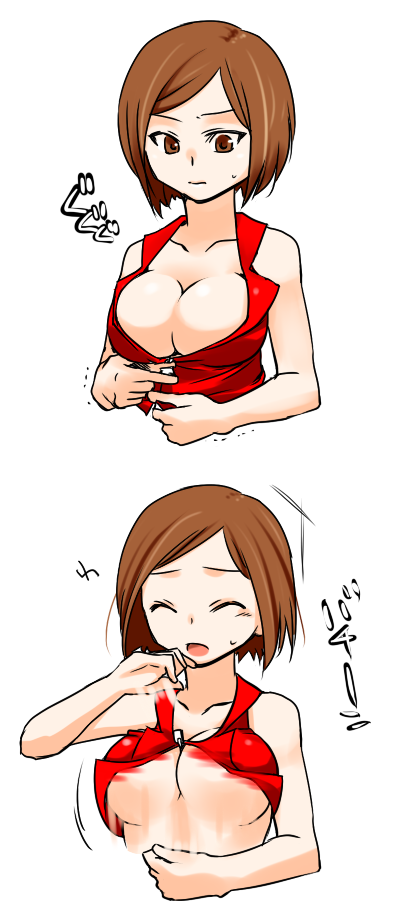 breasts brown_eyes brown_hair cleavage closed_eyes large_breasts meiko open_mouth satou_m solo underboob vocaloid wardrobe_malfunction zipper