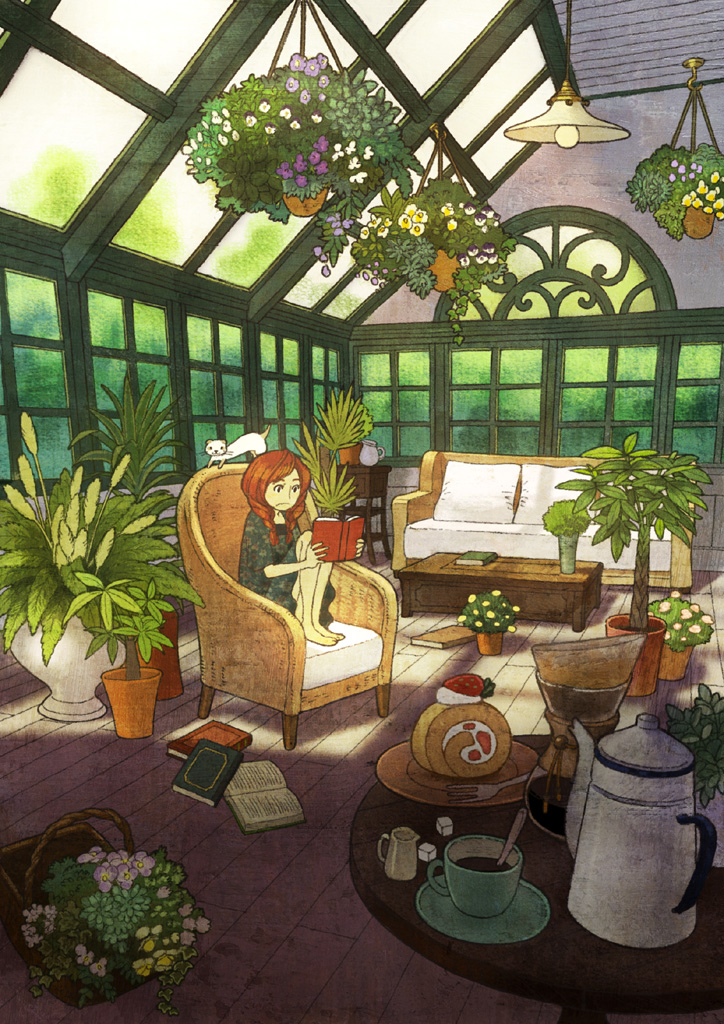 armchair basket book brown_hair cake chair conservatory creamer_(vessel) cup ferret flower food indoors kettle knees_up long_hair original palm_tree plant potted_plant reading sebascha sitting solo sugar_cube teacup tree wooden_floor
