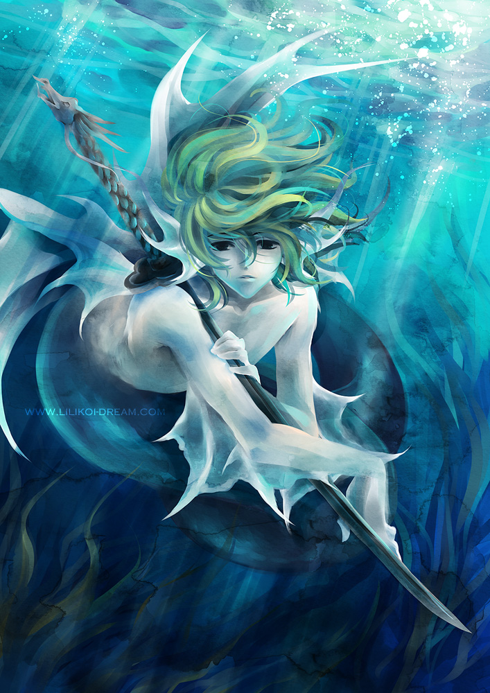 alexa_pasztor green_hair head_fins katana male_focus merman monster_boy solo sword tsubasa_chronicle underwater weapon