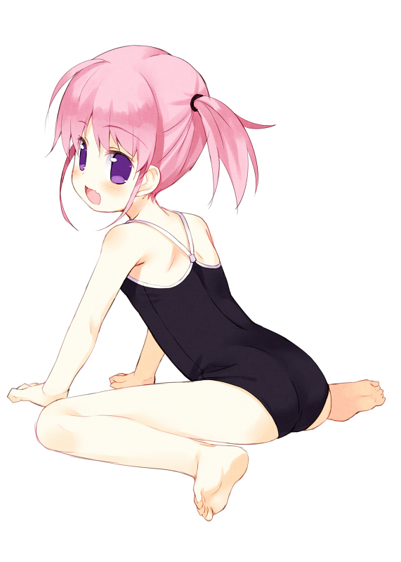 ass barefoot blush child competition_school_swimsuit fang feet flat_chest full_body leotard looking_back meito_(maze) one-piece_swimsuit original pink_hair purple_eyes short_twintails sitting soles solo swimsuit twintails wariza