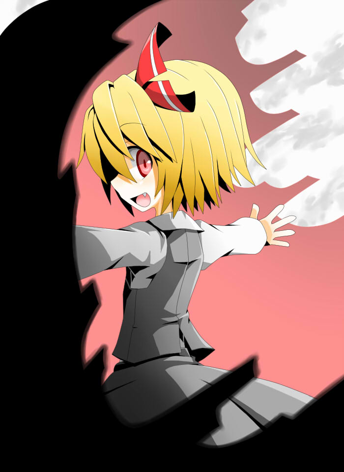 blonde_hair darkness fang hair_ribbon hecchi_(blanch) looking_back open_mouth outstretched_arms red_eyes ribbon rumia short_hair smile solo spread_arms touhou