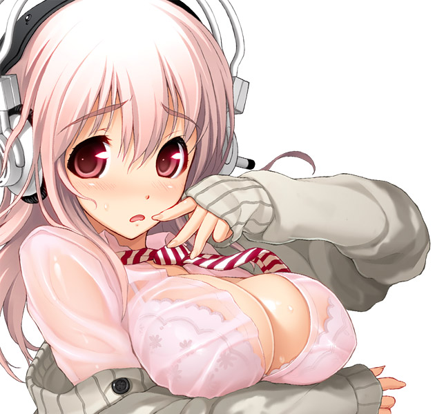 blush bra breasts buttons cleavage headphones large_breasts lingerie long_hair necktie nitroplus pink_eyes pink_hair see-through simple_background solo striped super_sonico sweat tsuji_santa underwear wet wet_clothes