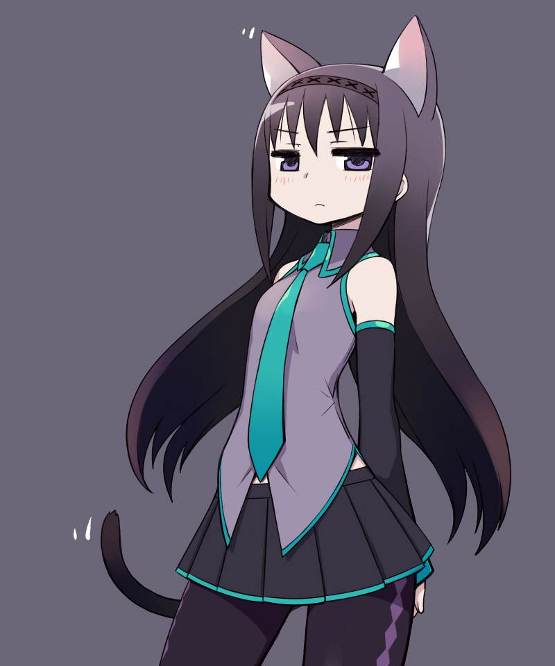 akemi_homura animal_ears arms_behind_back bare_shoulders black_hair cat_ears cat_tail chan_co cosplay detached_sleeves frown hairband hatsune_miku hatsune_miku_(cosplay) kemonomimi_mode long_hair mahou_shoujo_madoka_magica necktie pantyhose purple_eyes simple_background skirt solo tail vocaloid