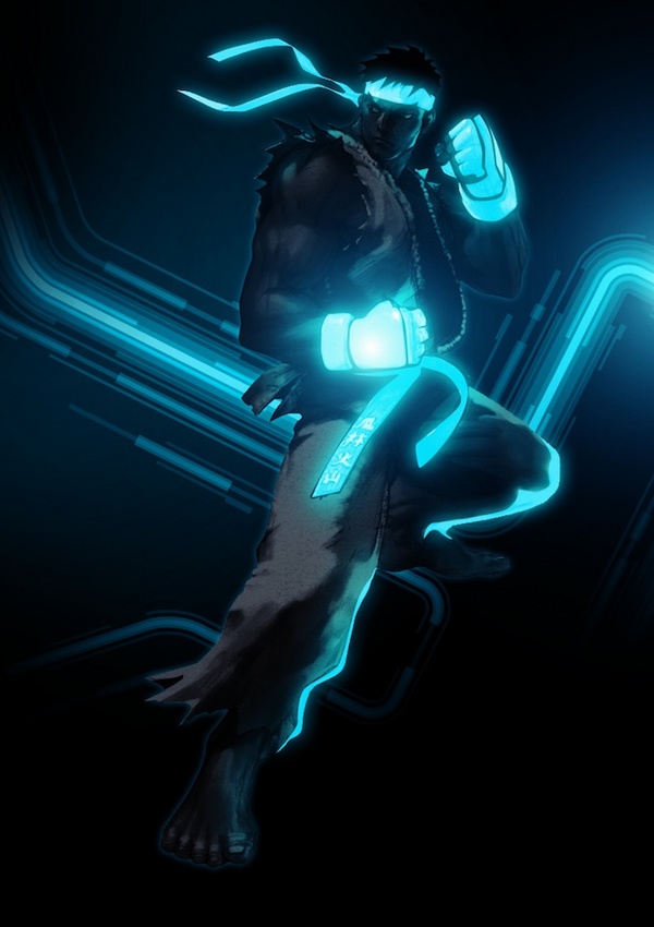 bandanna black_hair blue_theme gi gloves glowing hair human male mammal muscles neon_lights not_furry pose ryu solo street_fighter tron unknown_artist video_games