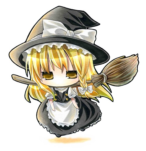 bad_id bad_pixiv_id bow braid broom chibi dress flying hat head_rest kagami_leo kirisame_marisa solo touhou witch witch_hat yellow_eyes