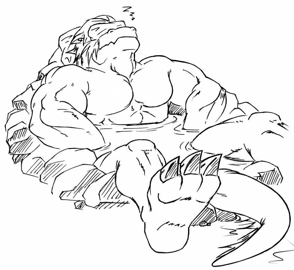 claws dragon eyes_closed fangs horns male muscles reptile scalie sitting sketch spread_legs spreading tail timberwolfmax water