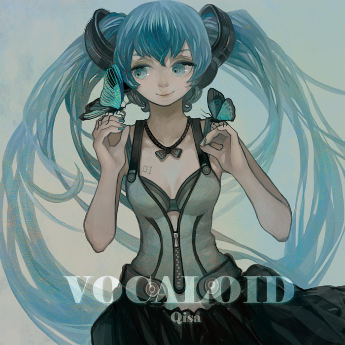 aqua_eyes aqua_hair bad_id bad_pixiv_id bug butterfly hatsune_miku insect jewelry long_hair necklace qisa skirt smile solo twintails very_long_hair vocaloid zipper