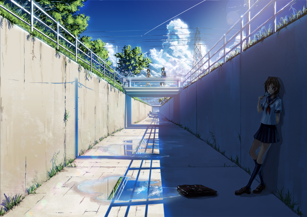 aircraft airplane backpack bag blue_sky bokuden bridge brown_hair canal cloud condensation_trail day eating food grass ice_cream jet leaning_back multiple_girls original outdoors power_lines puddle reflection scenery school_bag school_uniform serafuku shade sky tree water wide_shot