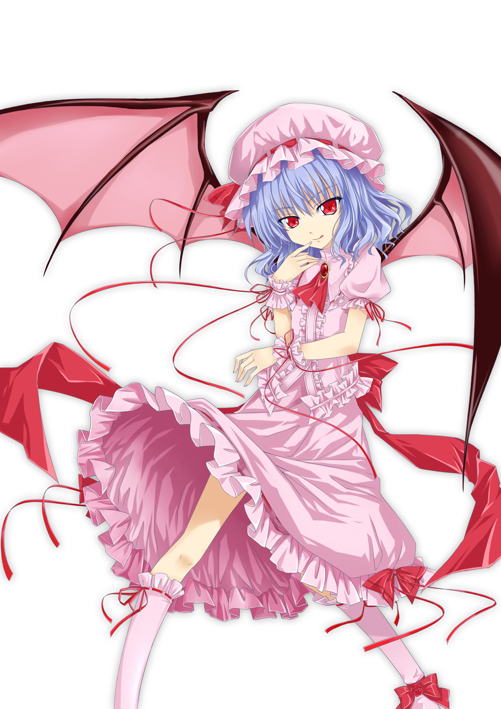 :q ascot bat_wings blue_hair bow brooch dress hat highres hika_(cross-angel) jewelry red_eyes remilia_scarlet solo tongue tongue_out touhou wings wrist_cuffs