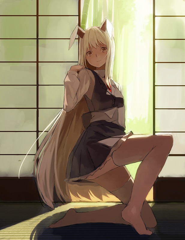 alternate_hair_color animal_ears bamboo bunny_ears long_hair one_knee reisen_udongein_inaba shade shouji skirt sliding_doors smile solo tatami thighhighs tiptoes touhou very_long_hair white_hair white_legwear yasumo_(kuusouorbital)