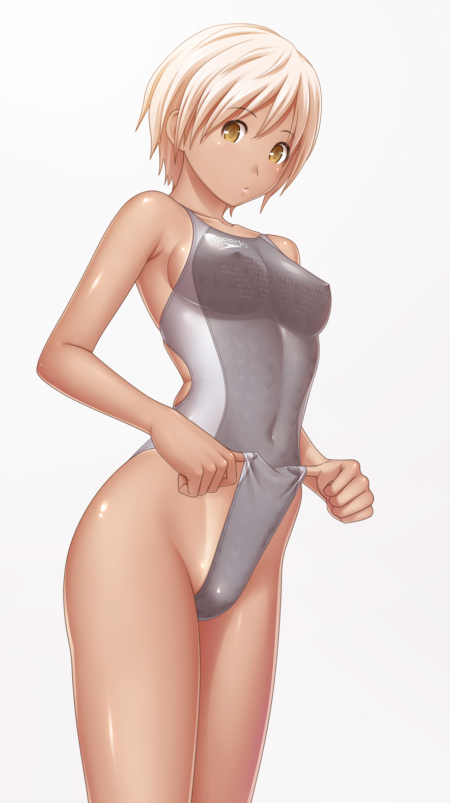 adjusting_clothes adjusting_swimsuit blonde_hair breasts brown_eyes competition_swimsuit covered_navel covered_nipples dark_skin hands highleg highleg_swimsuit highres kuri_(kurigohan) medium_breasts one-piece_swimsuit one-piece_tan original shiny shiny_skin short_hair simple_background skin_tight solo speedo_(company) swimsuit swimsuit_lift tan tanline