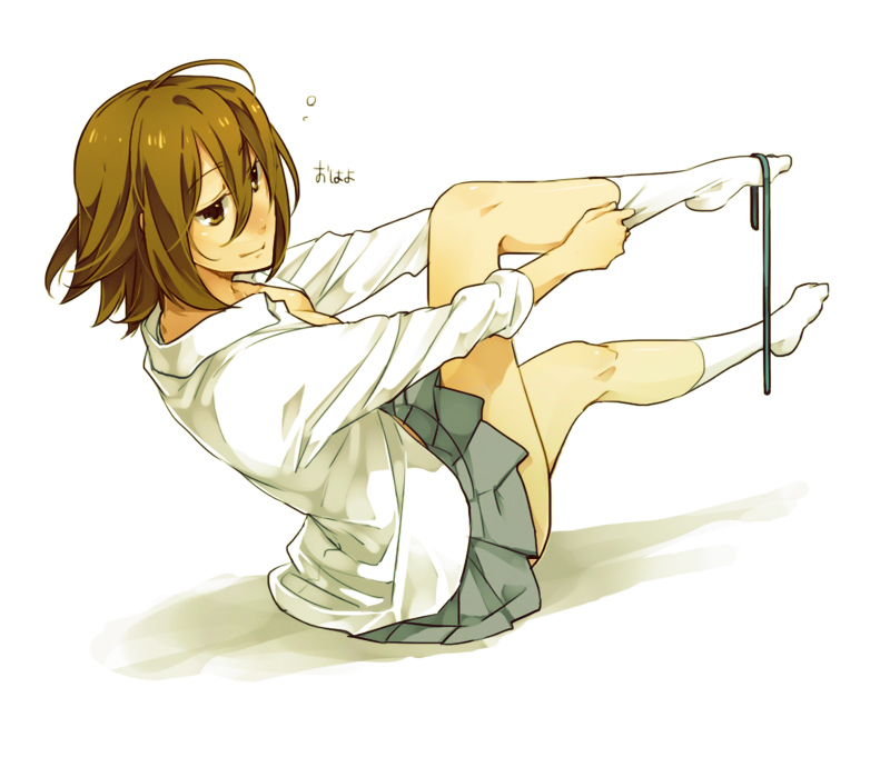 alternate_hairstyle breasts brown_eyes brown_hair cleavage dressing gime hair_down k-on! legs no_bra open_clothes open_shirt school_uniform shirt short_hair sleepy small_breasts smile socks solo tainaka_ritsu