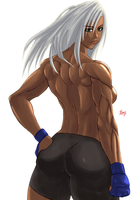 ass back bike_shorts breasts dark_skin fingerless_gloves from_behind gloves hand_on_ass lips long_hair medium_breasts mixed_martial_arts muscle muscular_female sideboob silver_hair solo tenji topless vanessa_lewis virtua_fighter