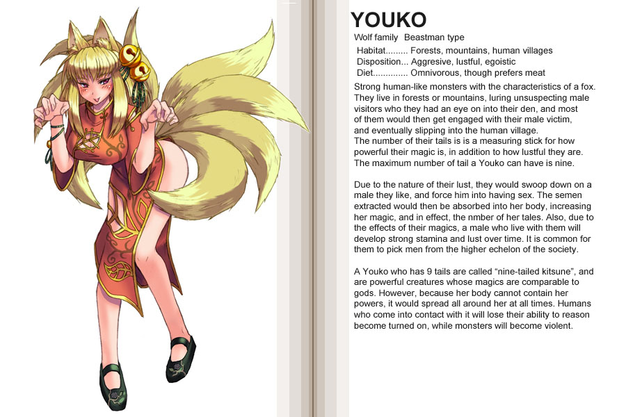 canine female fox kenkou_kurosu kitsune monster_girl_profile multiple_tails solo tail youko