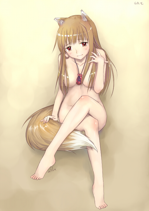 animal_ears brown_hair canine crossed_legs female hair hentai horo long_brown_hair long_hair looking_at_viewer necklace nude ookami_to_koushinryou ookamimimi red_eyes sitting soft solo tail unknown_artist wolf wolfgirl