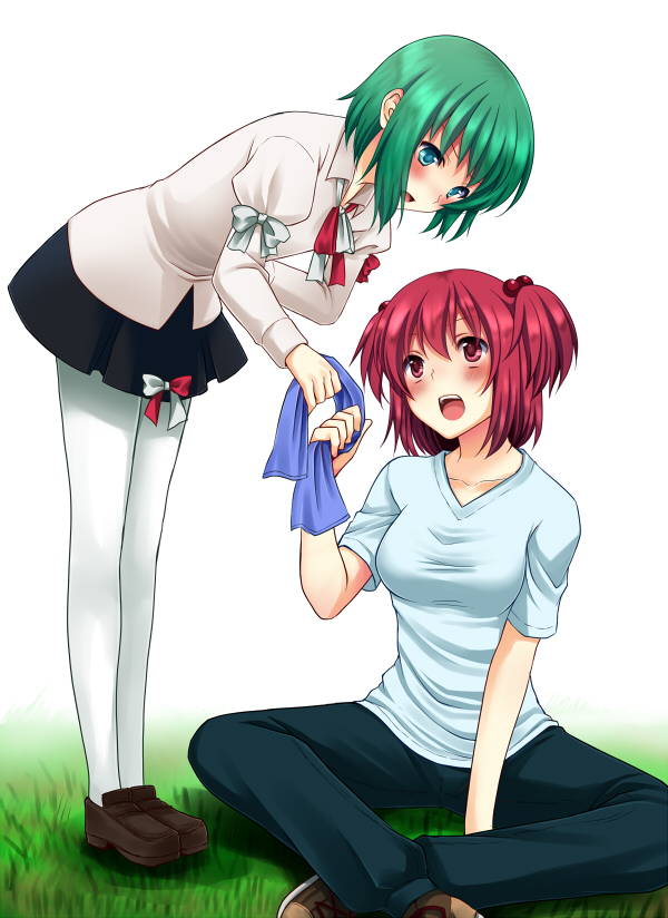 alternate_costume bad_id bad_pixiv_id blue_eyes blush bow casual contemporary grass green_hair hair_bobbles hair_ornament indian_style leaning_forward loafers multiple_girls no_hat no_headwear onozuka_komachi pants pantyhose pink_hair pleated_skirt red_eyes ribbon school_uniform shiki_eiki shirt shoes short_hair sitting skirt t-shirt taut_clothes taut_shirt tottoto_tomekichi touhou two_side_up white_legwear