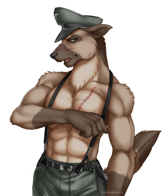 bulge canine dog german german_shepherd hat holly_marie_ogburn male military muscles nazi scar solo suspenders undressing uniform