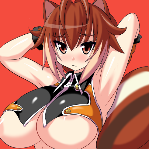 animal_ears arc_system_works blazblue blazblue:_continuum_shift blush breasts brown_eyes brown_hair cleavage frown konno_tohiro large_breasts lowres makoto_nanaya tail underboob