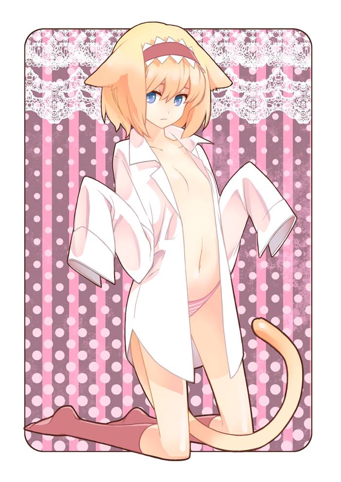 alice_margatroid animal_ears between_legs blonde_hair blue_eyes cat_ears cat_tail dool dress_shirt flat_chest hairband kemonomimi_mode kneeling no_pants open_clothes open_shirt oversized_clothes panties shirt short_hair sleeves_past_fingers sleeves_past_wrists socks solo striped striped_panties tail tail_between_legs touhou underwear