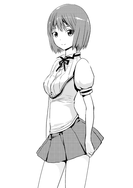 bad_id bad_pixiv_id greyscale monochrome original simple_background skirt smile solo tougetsu_gou