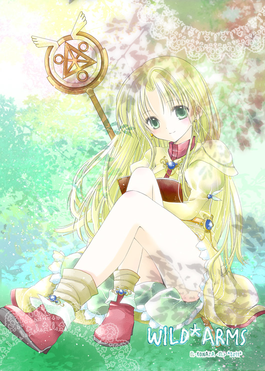 bad_id bad_pixiv_id blonde_hair book cecilia_lynne_adelhyde copyright_name dress earrings full_body green_eyes jewelry juliet_sleeves konataeru long_hair long_sleeves looking_at_viewer puffy_sleeves shoes sitting smile socks solo staff wild_arms wild_arms_1