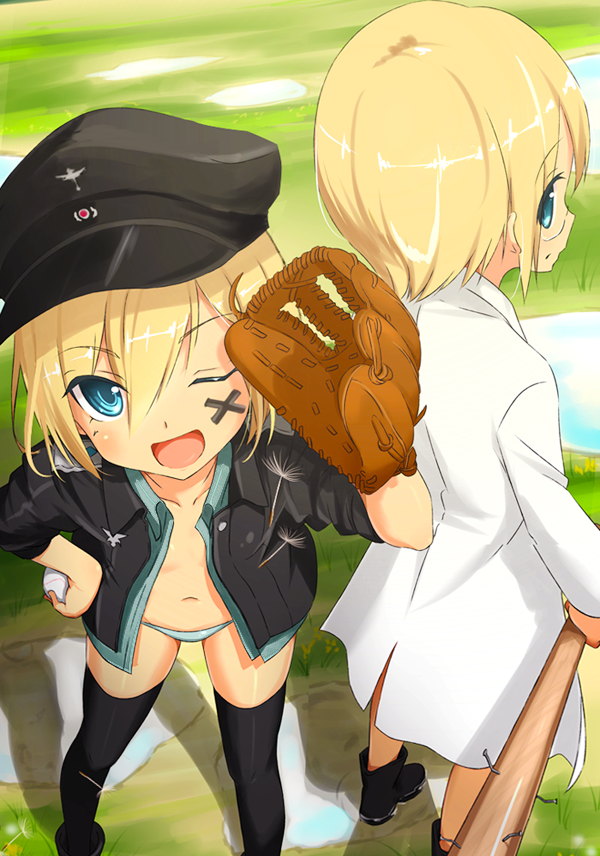:d bad_id bad_pixiv_id baseball baseball_bat baseball_mitt blonde_hair erica_hartmann from_above gloves hand_on_hip hat looking_at_viewer multiple_girls nemo_(piisukun) one_eye_closed open_mouth short_hair siblings sisters smile strike_witches thighhighs ursula_hartmann world_witches_series