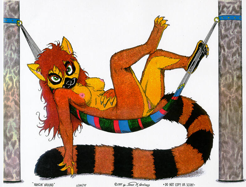 1997 breasts female green_eyes hair hammock james_m_hardiman looking_at_viewer nude pussy ringtailed_lemur solo