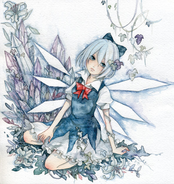 bad_id bad_pixiv_id cirno expressionless flower ice lily_(flower) looking_at_viewer pinkxxxna plant sitting solo touhou traditional_media vines
